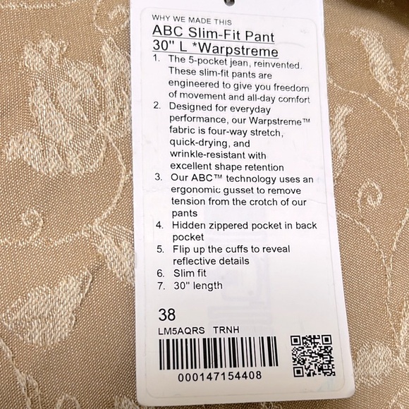 New w/tags Lululemon ABC Slim-Fit Pant 30” L Warpstreme Color Trench 38 Waist - Picture 4 of 12